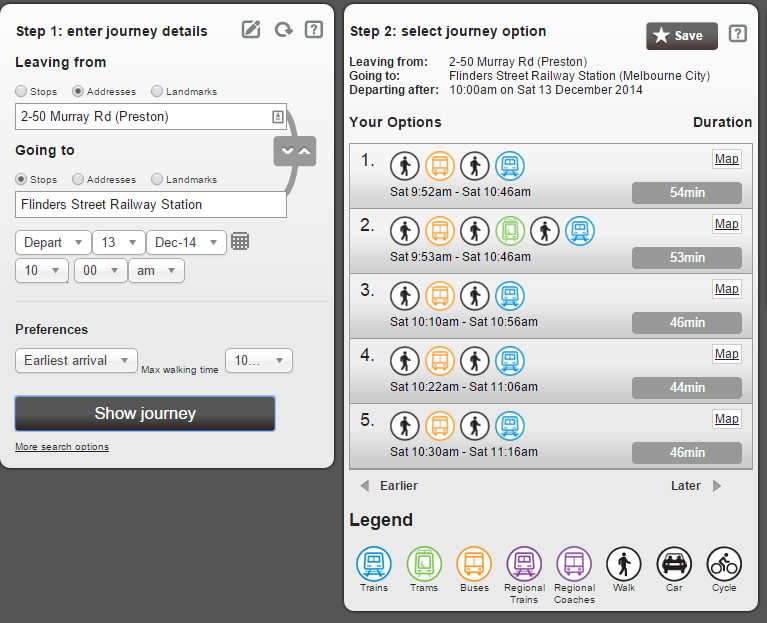Image of completed Journey Planner form, including results