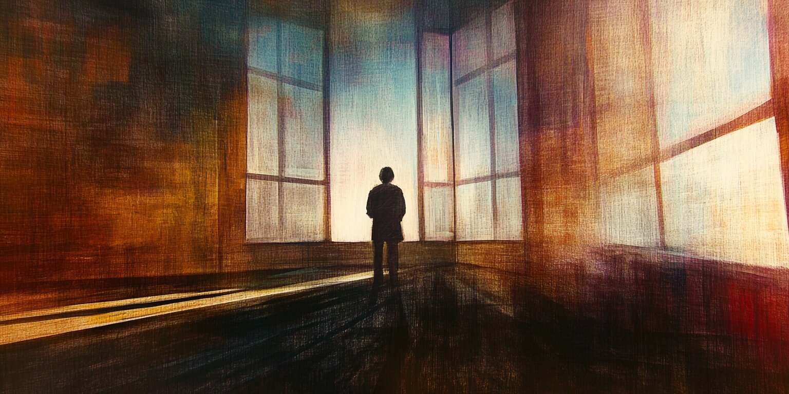 Hero image: A silhouetted figure stands alone before tall windows in an empty room. Warm amber and burgundy tones wash across the walls, while bright, diffused light streams through the windows. Long shadows stretch across the floor, creating a contemplative atmosphere of solitude and possibility.