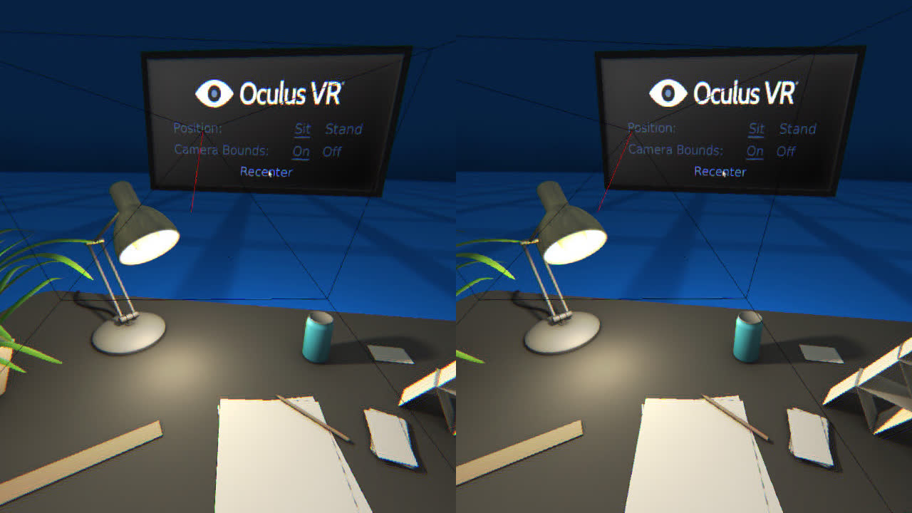 Unwarped screenshot of the Oculus Demo Scene, looking at the desk and background