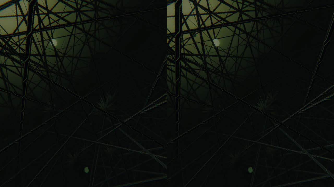 Unwarped screenshot of the second-last scene from SightLine - The Chair; tendrils and tubes very close to the eye