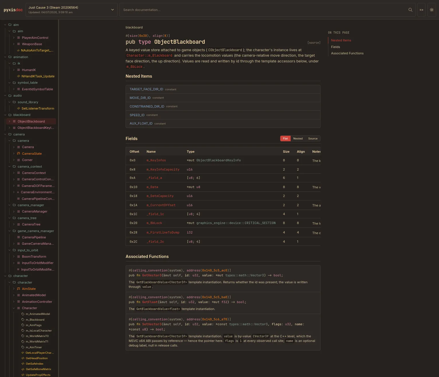 screenshot of pyxisdoc, the docs viewer for pyxis, showing the docs for a type with its constants / field structure / associated functoin