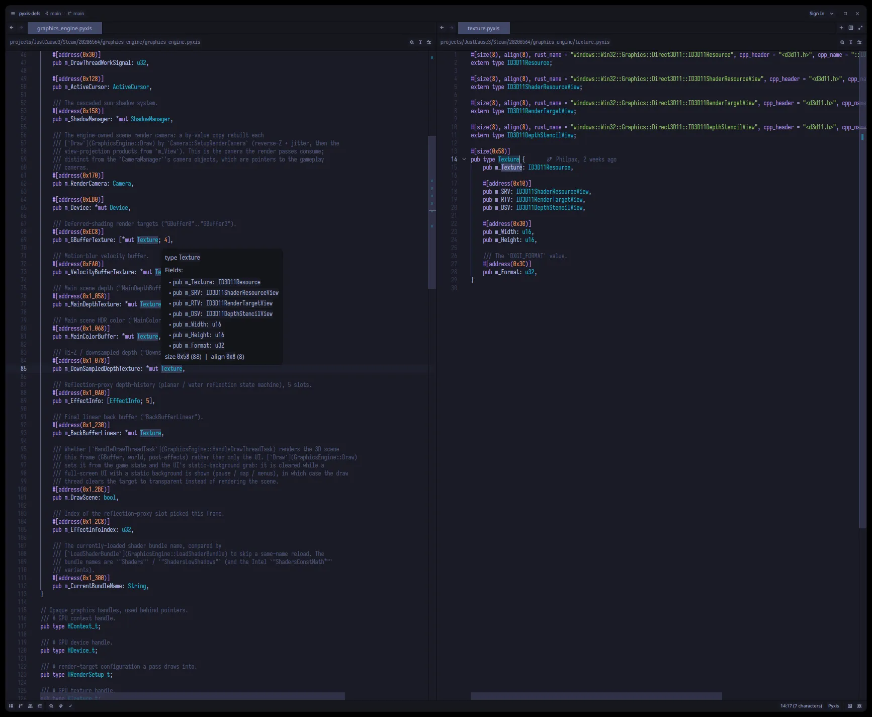 screenshot of Zed looking at two tabs of pyxis source code; on the left, hovering over a type of a field within a structure, with a popup; on the right, the hovered-over type that corresponds