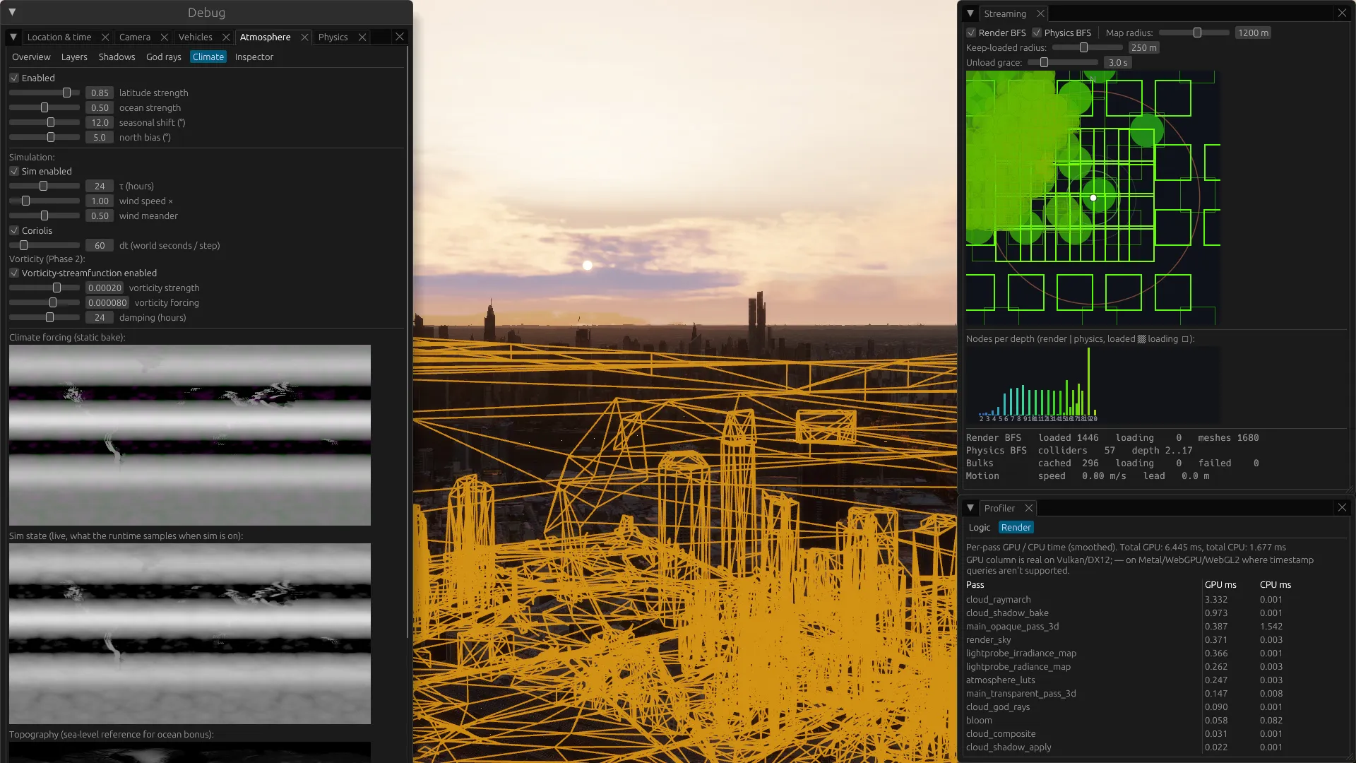 veldera diagnostics: climate on left, streaming top right, profiler bottom right