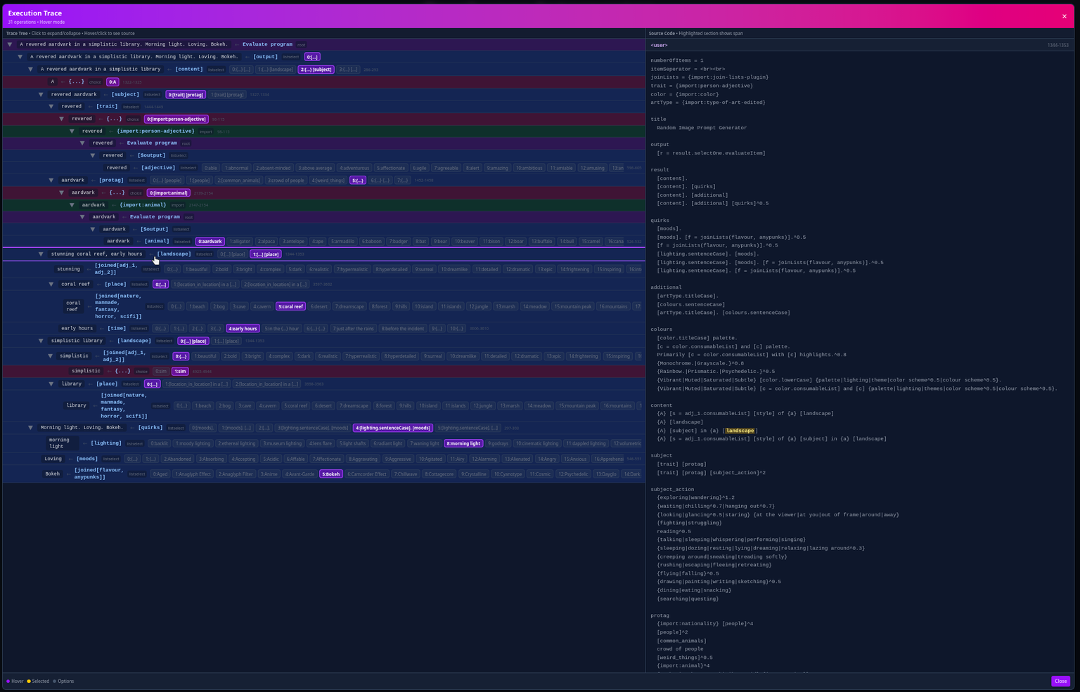 A trace view / debugger for a given Perchance generation, as part of the frontend