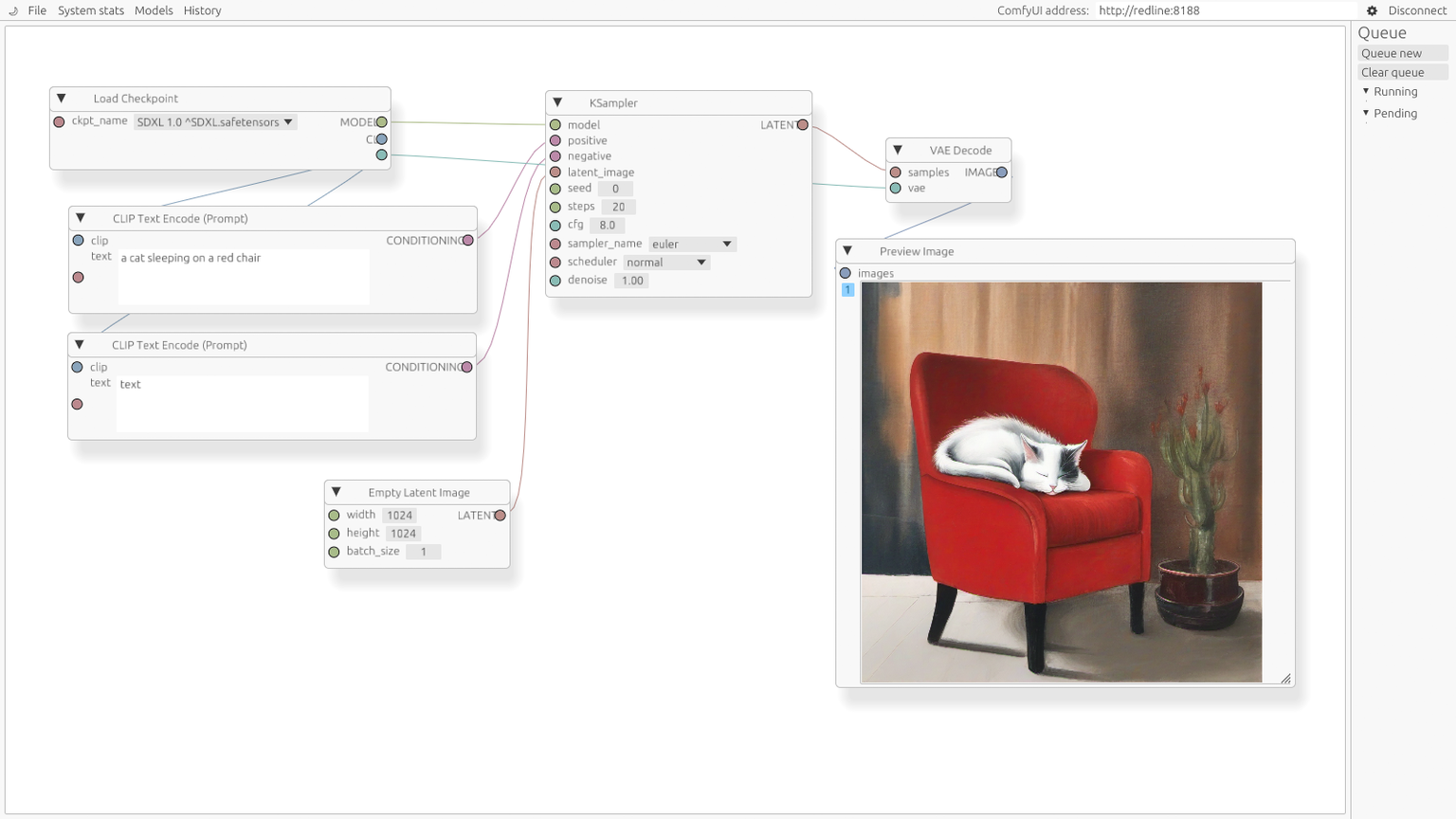 rucomfyui node graph demo, showing an SDXL generation