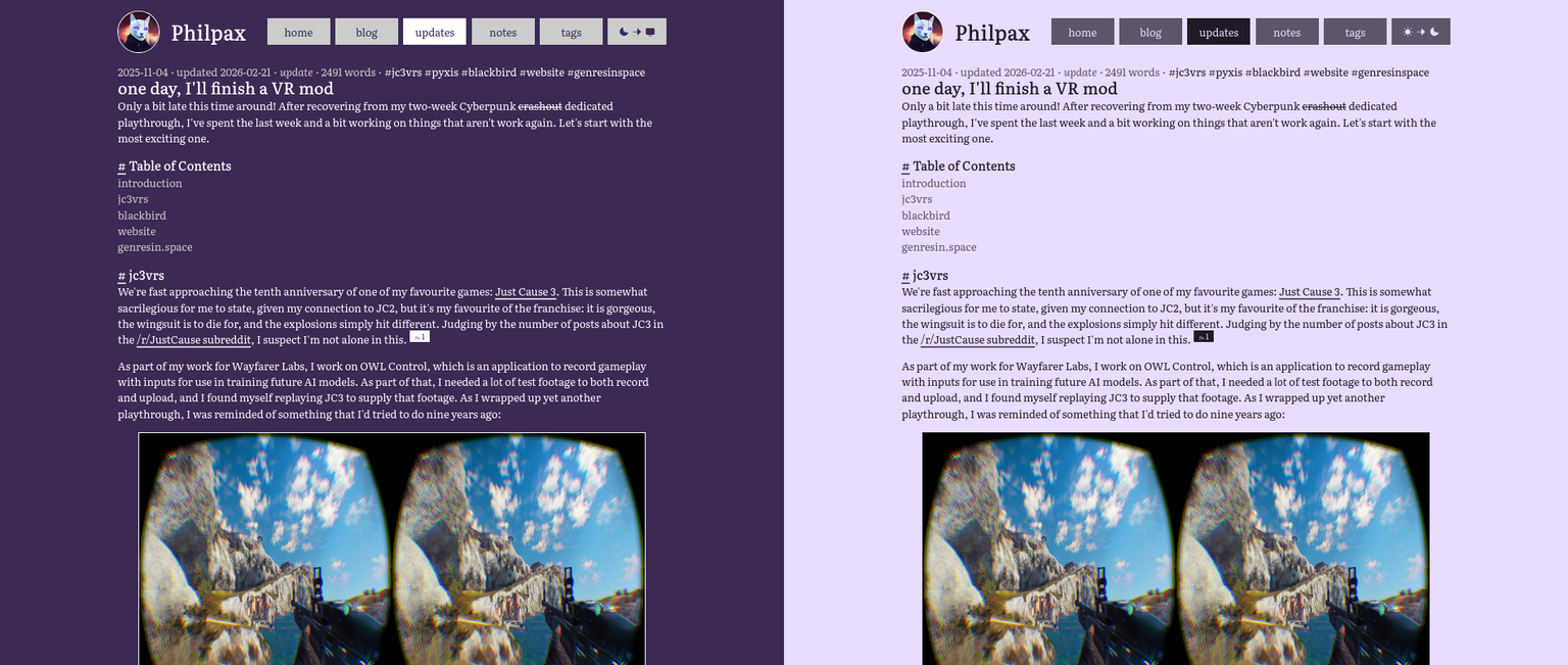 Dark and light mode screenshots of an update post on this website